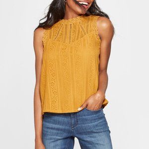 LILY STAR SLEEVELESS MOCK NECK LACE TOP MUSTARD GOLD YELLOW SZ M